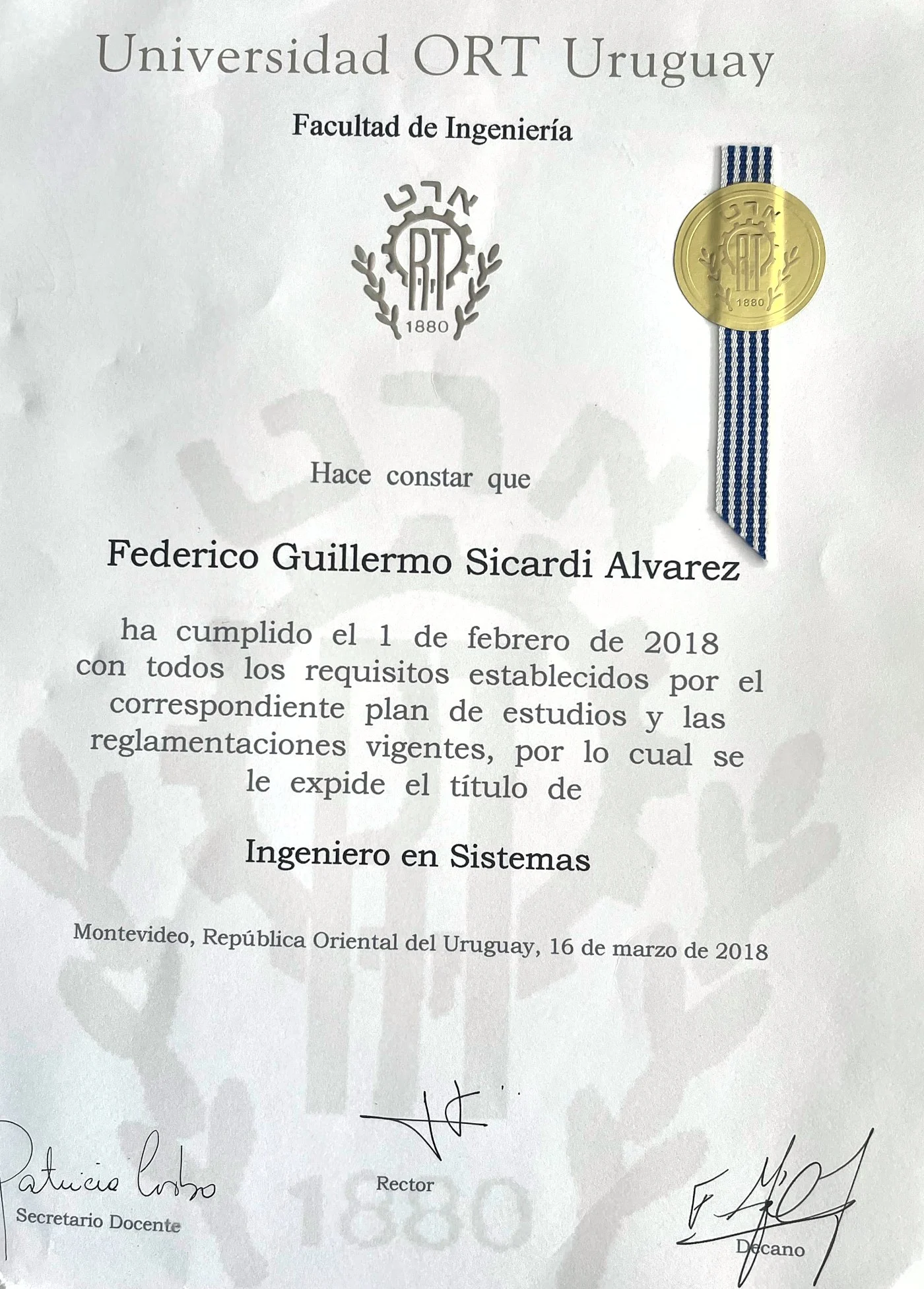 Título de Ingeniero en Sistemas — Universidad ORT Uruguay (2018)